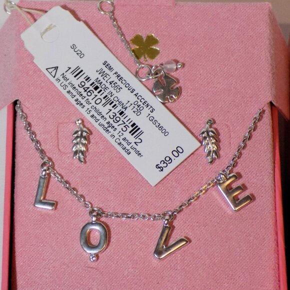 New w/$39 Tag Lucky Brand Love Charm Necklace & Earrings Set, Crystal Accents. - Picture 4 of 7